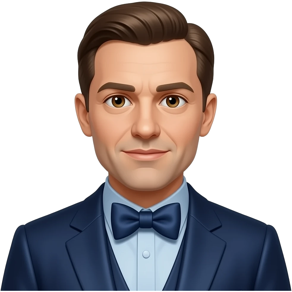 Richard Loeb from Leopold and Loeb with brown eyes, brown hair, powder blue metallic shirt, dark blue metallic suit jacket, dark blue metallic bow tie emoji