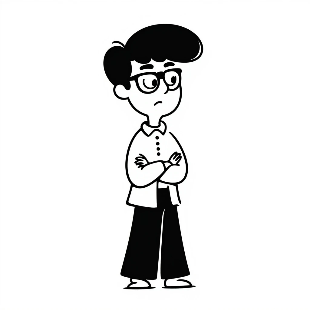 nerd with crossed arms, anxious face, hand-drawn doodle style emoji