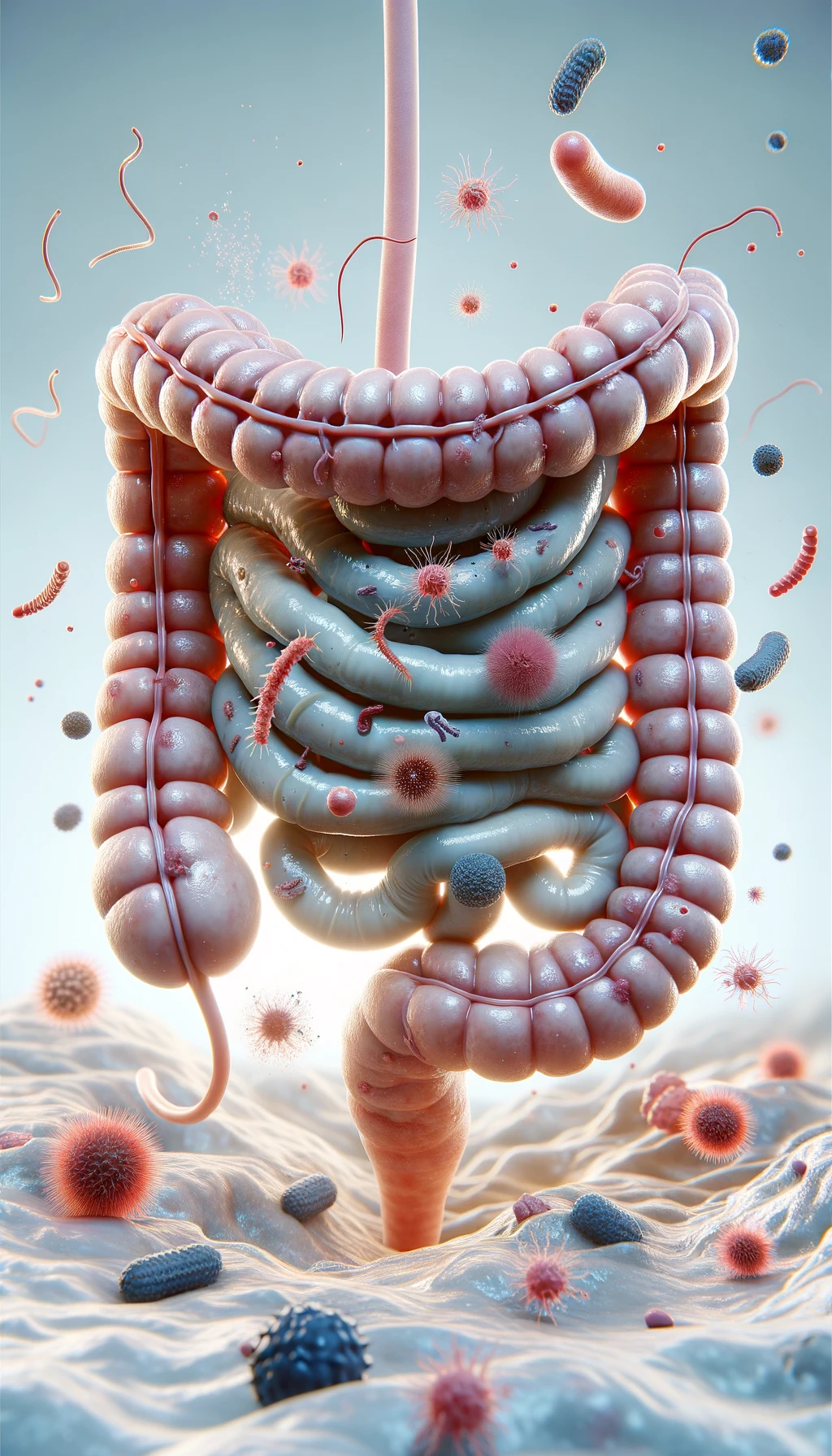 intestino umano realistico con batteri e parassiti che gli fluttuano intorno, sfondo chiaro, iperrealistico 4k emoji