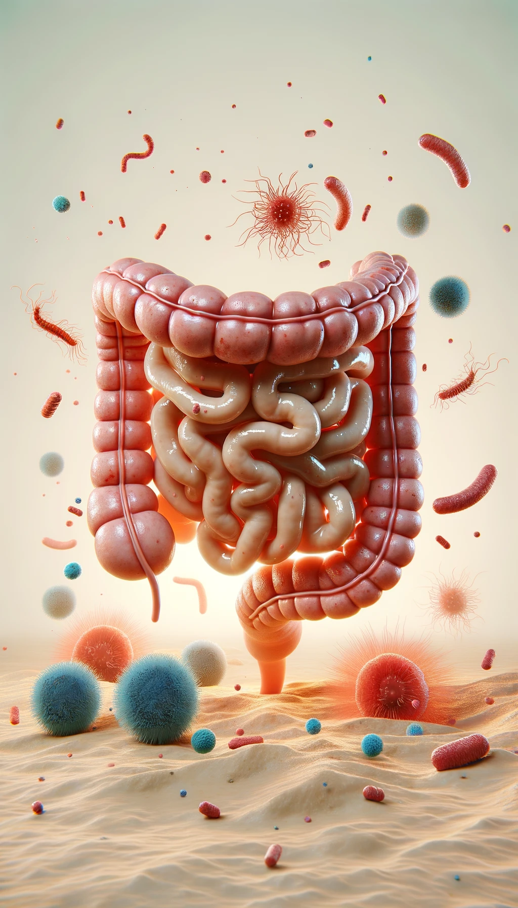 intestino umano anatomico con batteri e parassiti che gli fluttuano dietro, sfondo beige molto chiaro, iperrealistico 4k emoji