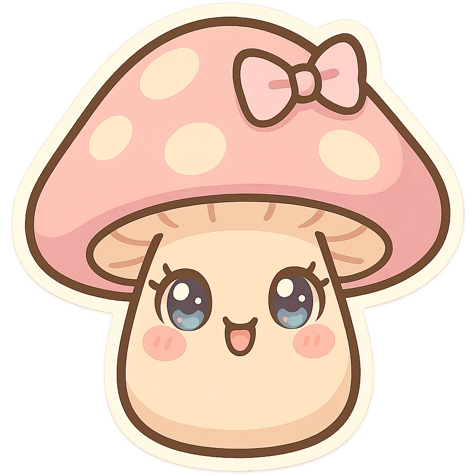 chibi sticker-style mushroom with a girly vibe, pastel colors, big eyes, cute and exaggerated emoji