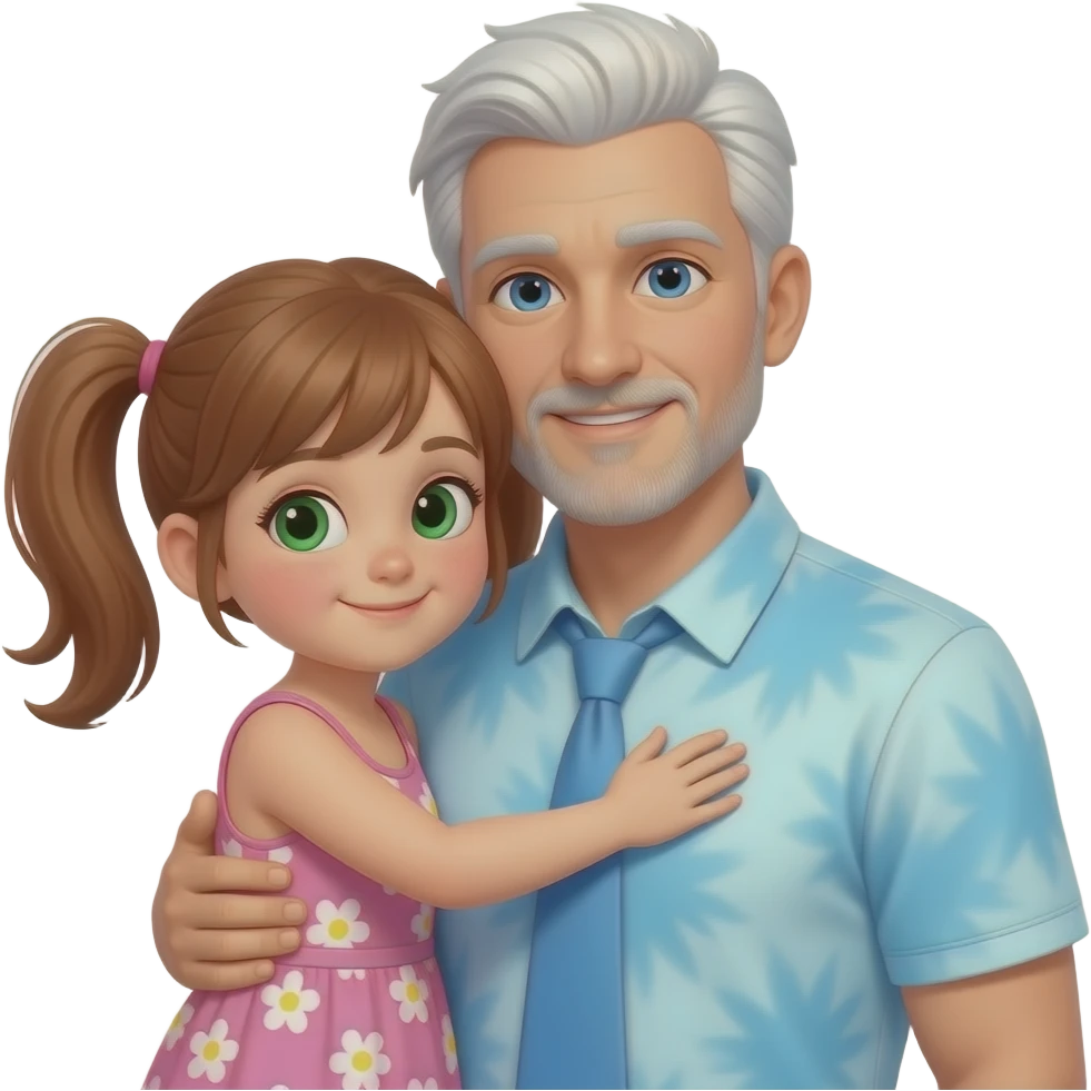 Darker Auburn haired girl child with light green hazel eyes twin ponytails wearing a pink small floral tank top style sun dress hugging a light blue eyed adult b6yalding father with side white fringe white hair eyebrows and white scruff style breard wearing a light blue tye dye polo shirt emoji