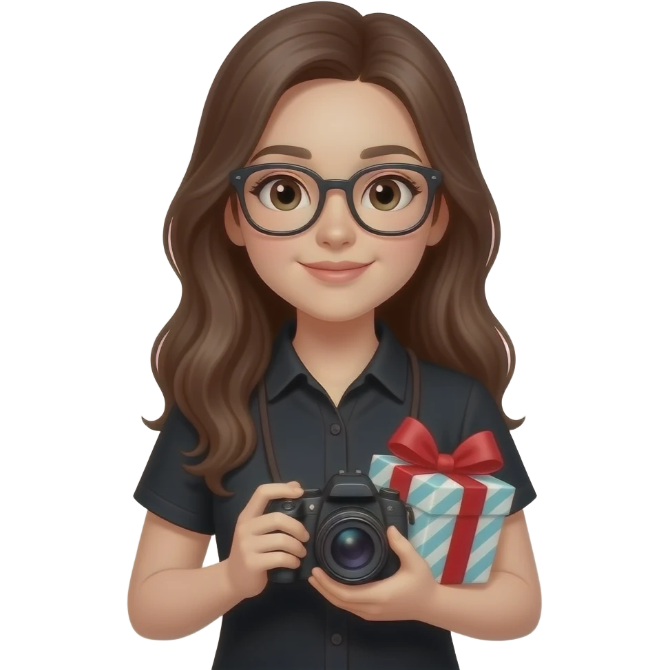 long haired girl wearing glasses and black shirt with gifts and camera emoji