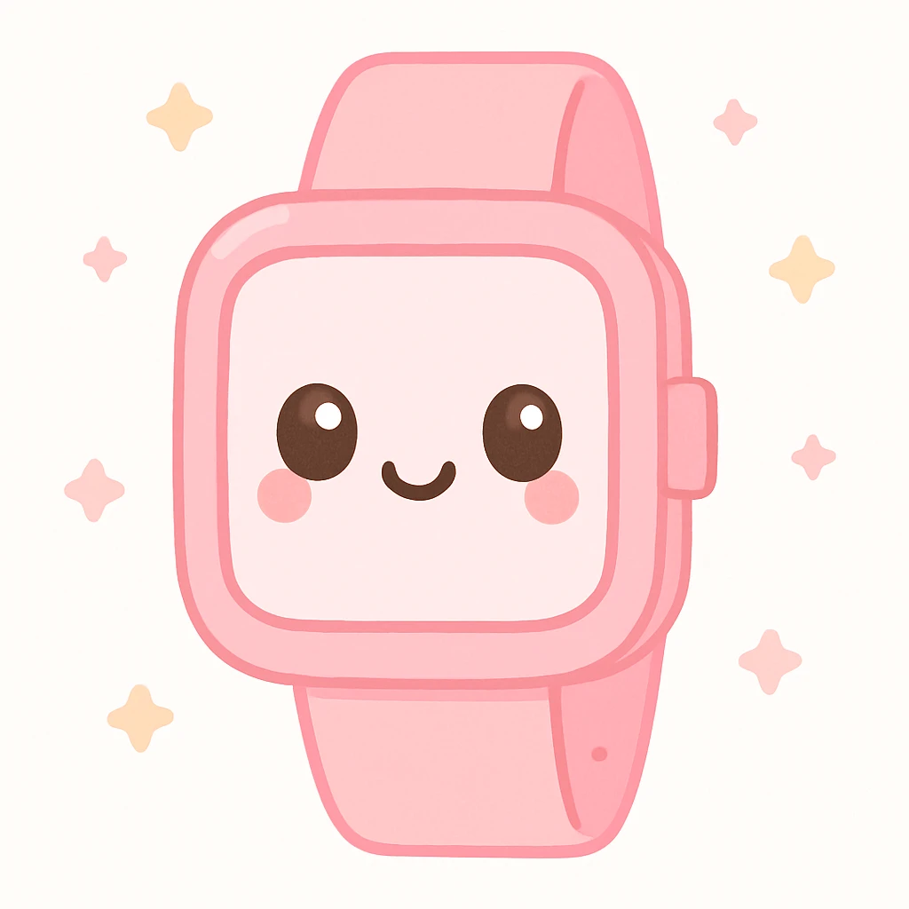 pink smart watch, kawaii style, cute with a smiling face emoji