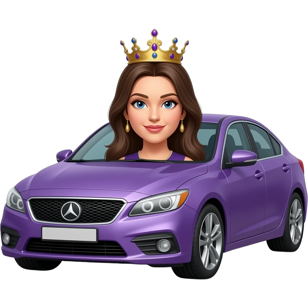 A purple sedan car with a  real female queen head on the hood emoji