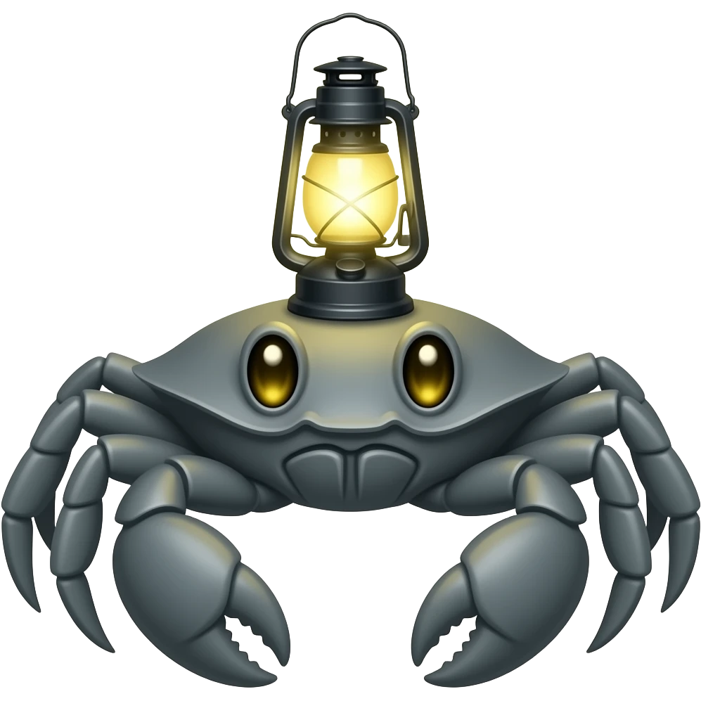 A Gray crab with a lantern on its back facing forward with glowinging yellow eyes with growing yellow eyes emoji