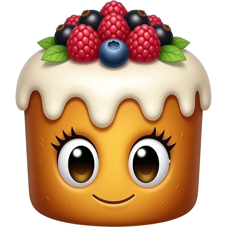 Веселый панеттоне золотистого цвета, высокий,  с овальными глазами и ресницами, с белой глазурью и украшением сверху из ягодок малины, грозди смородины красной черной, черники, зелеными лепестками emoji