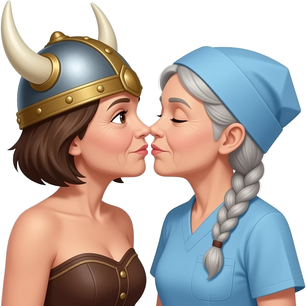 Viking helmet no strap on gray braids old woman kissing old woman shortest hair brunette old nurse emoji