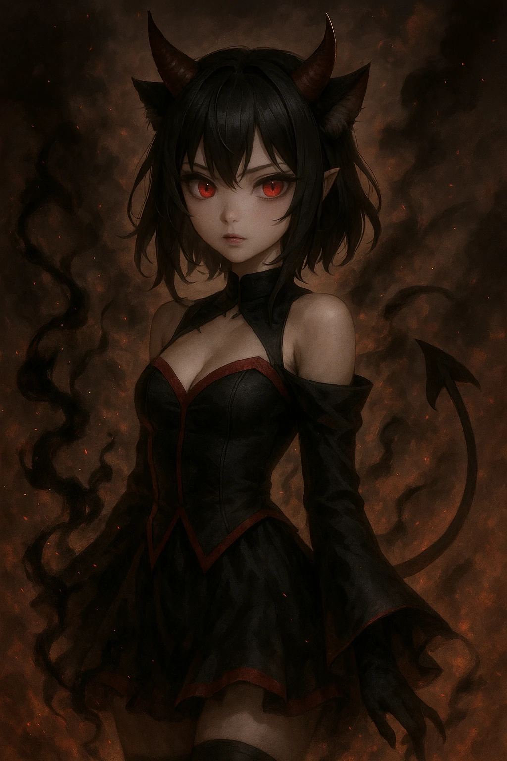 realistic anime catgirl with devil horns, red eyes, black and red outfit, spaded tail, dark magical effects, dramatic background emoji