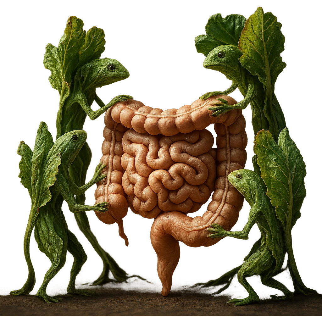 Ultra-realistic 4K illustration: stylized lettuce leaves depicted as plant-like creatures interacting with a human anatomical model of the intestine. The scene is surreal and scientific, with organic textures, refined biological details, dramatic lighting, and a bio-fantasy photorealistic style emoji