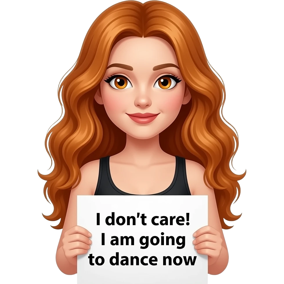 sexy girl with long wavy ginger hair and ginger eyes wearing a black tanktop is holding a white colored sign with MIR DOCH EGAL! Ich gehe jetzt TANZEN written on it emoji
