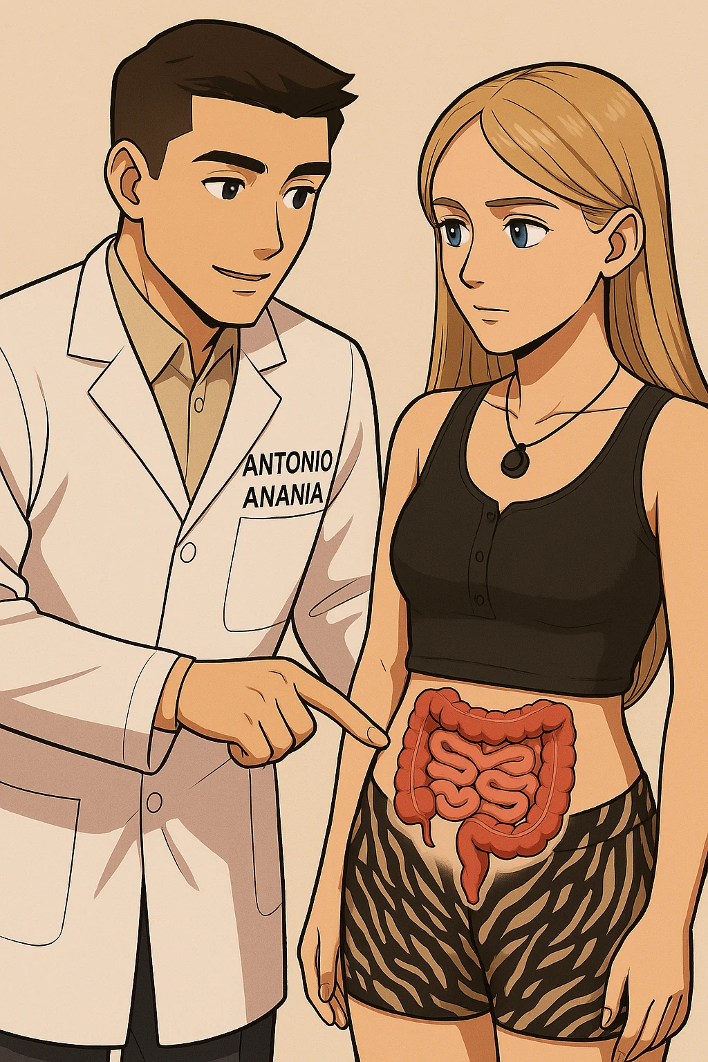 fai un webtoon/manga a colori con questo kinesiologo in camice bianco (fagli la scritta "ANTONIO ANANIA" SUL CAMICE) CHE PARLA CON QUESTA RAGAZZA CON GLI OCCHI AZZURRI. IL KINESIOLOGO CON IL CAMICE BIANCO LE TOCCA LA PANCIA CON UN DITO DOVE C'è L'INTESTINO. NON FARE I FUMETTI, FAI SOLO LORO COME SE DIALOGASSERO emoji