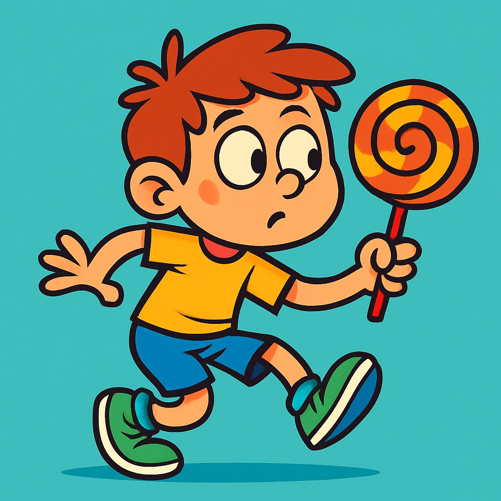 a kid tiptoeing away with a lollipop, fun and expressive, animated style, vibrant toon colors emoji