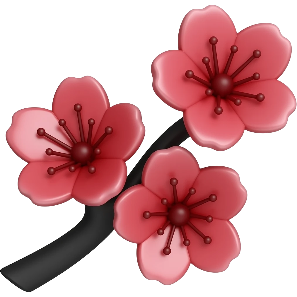 Dark Red color 3D Render iPhone emoji png of red cherry blossom flowers on black branches emoji