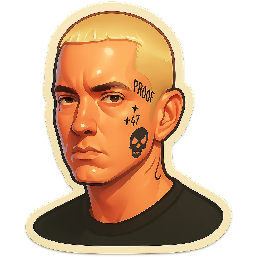 Eminem stylized sticker, graphic and minimal, focus on hair and face tattoos emoji