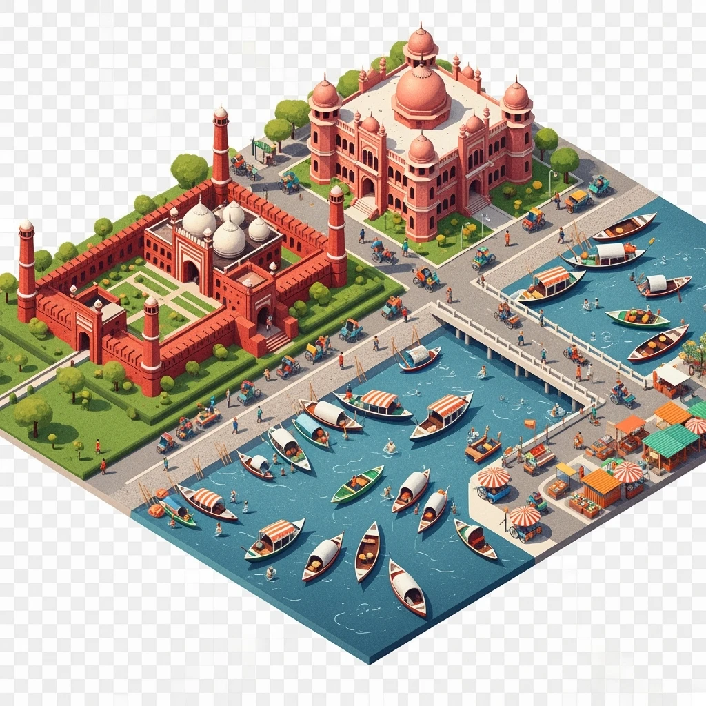 Isometric minimalistic illustration of Dhaka – Lalbagh Fort, Ahsan Manzil, bustling river boats, dirty colorful streets, subtle 3D miniature effect and Tilt Shift effect, no cartoonish look, transparent background. emoji