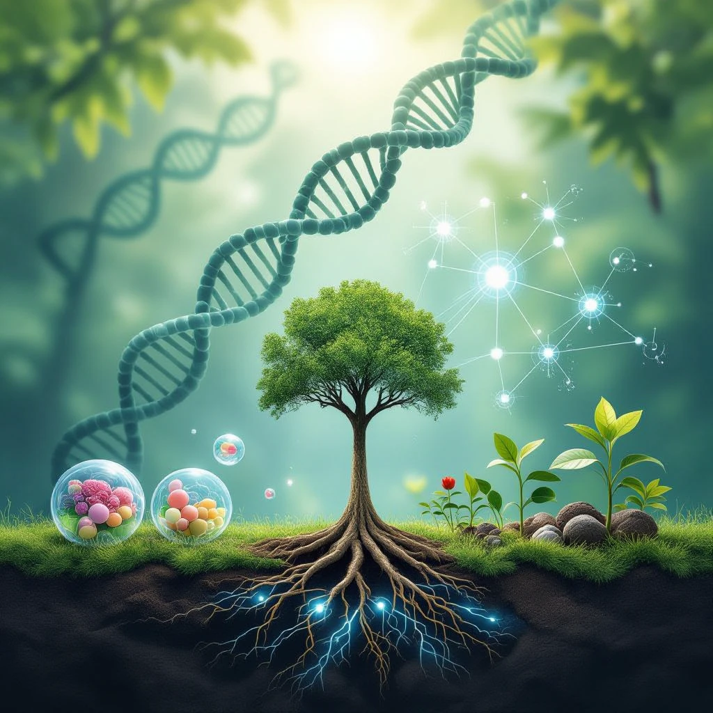 A realistic biological illustration showing: DNA strands transitioning into a tree, cells with visible organelles, neurons connected to plant roots  and a balanced ecosystem background . Seamless integration, no labels or borders. Scientific color scheme, detailed but minimalist. emoji