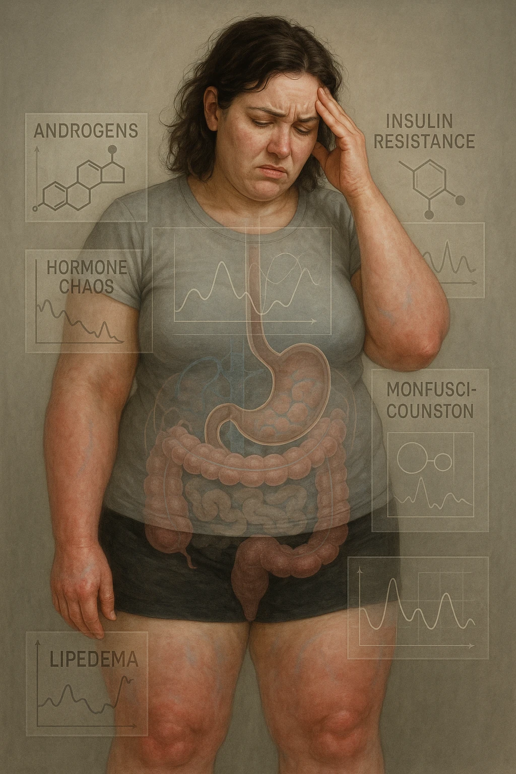 cinematic realistic in italiano Woman with PCOS struggling with hormonal chaos, transparent overlay showing elevated androgens and insulin resistance affecting her body, lipedema causing disproportionate fat accumulation in legs and arms despite normal torso, expression of frustration with unexplained weight gain, medical charts showing complex endocrine dysfunction, painful swollen limbs contrasting with metabolic confusion scrivi in italiano emoji