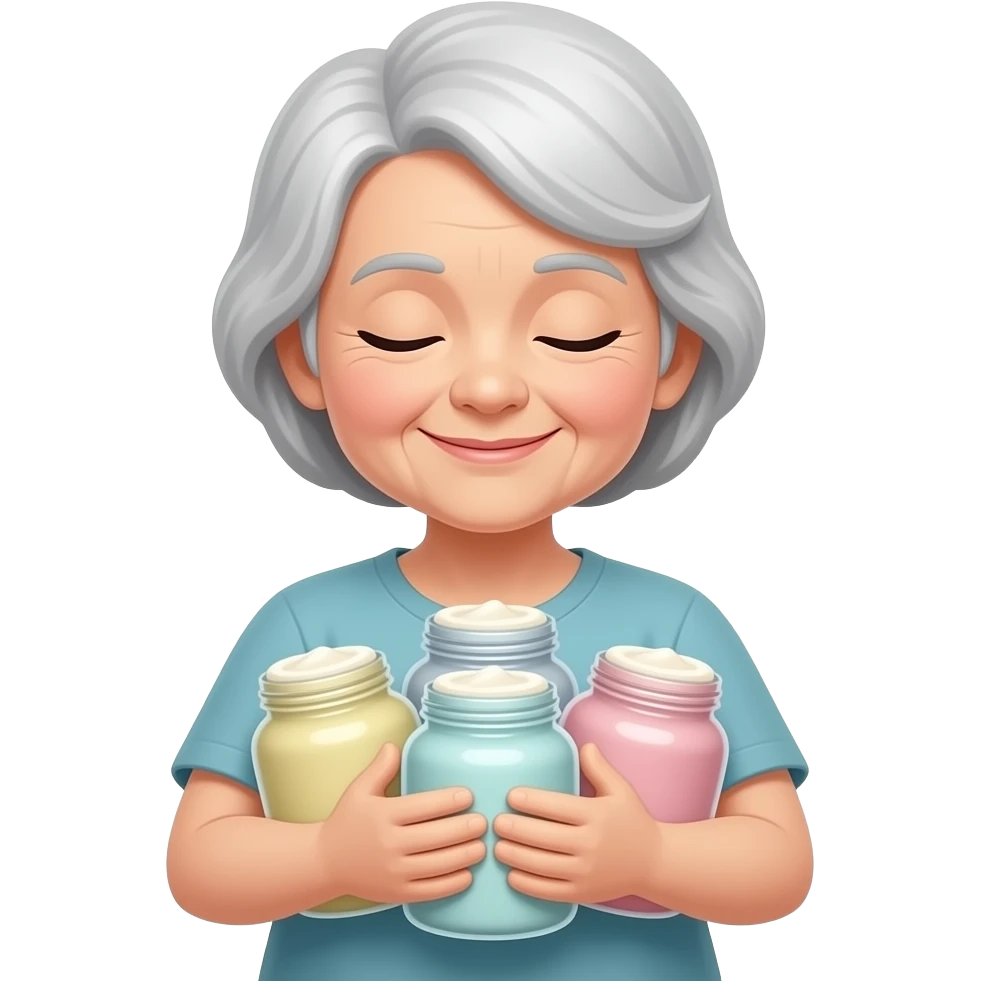elderly woman emoji avatar hugging many pastel cosmetic cream jars, soft smile, eyes closed, 3D memoji style, clean minimal, centered, soft lighting emoji