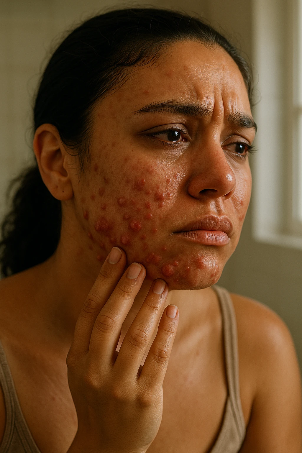 A highly realistic, cinematic portrait of a young woman in her late 20s with medium skin tone, showing visibly inflamed, deep cystic acne along her jawline, cheeks, and chin. Her skin appears red and irritated around the acne nodules, with noticeable swelling and tenderness, illustrating the painful nature of cystic acne linked to PCOS. Her facial expression shows discomfort and emotional distress, with slightly teary eyes as she gently touches an inflamed area on her jawline with her fingertips. Her hair is pulled back to clearly show the acne areas, and her skin has a slightly oily texture due to androgen-related sebum overproduction. The environment is a softly lit bathroom with neutral daylight, emphasizing the skin texture, redness, and deep acne. The style is realistic, 35mm cinematic photography with warm, neutral tones, soft shadows, and clear skin detail, providing a compassionate yet direct visualization of PCOS-related cystic acne emoji