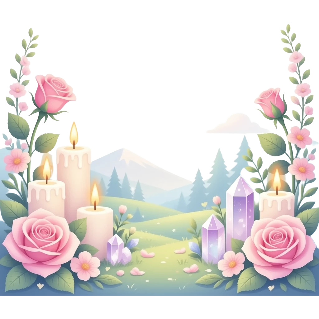 Aesthetic scenic romantic pastel roses pastels beautiful gorgeous holy divine spiritual pretty elegant sparkly shiny scene of Candles, flowers, plants leaves, rose quartz crystals, scenic aesthetic scenery Transparent background emoji