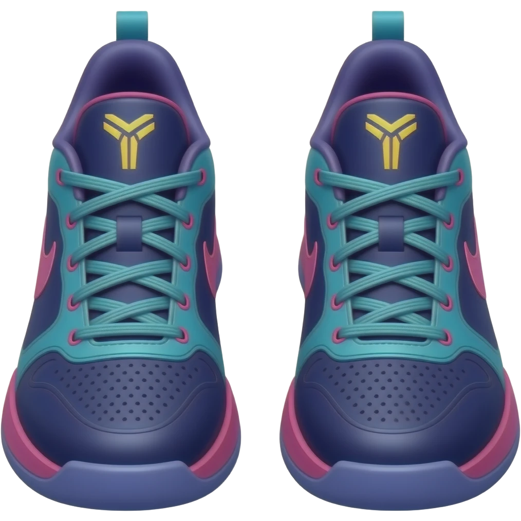 Make dark blue teal and pink Kobe basketball shoes facing me turned a hint with two of them and make sure the Kobe logo is on the tongue emoji