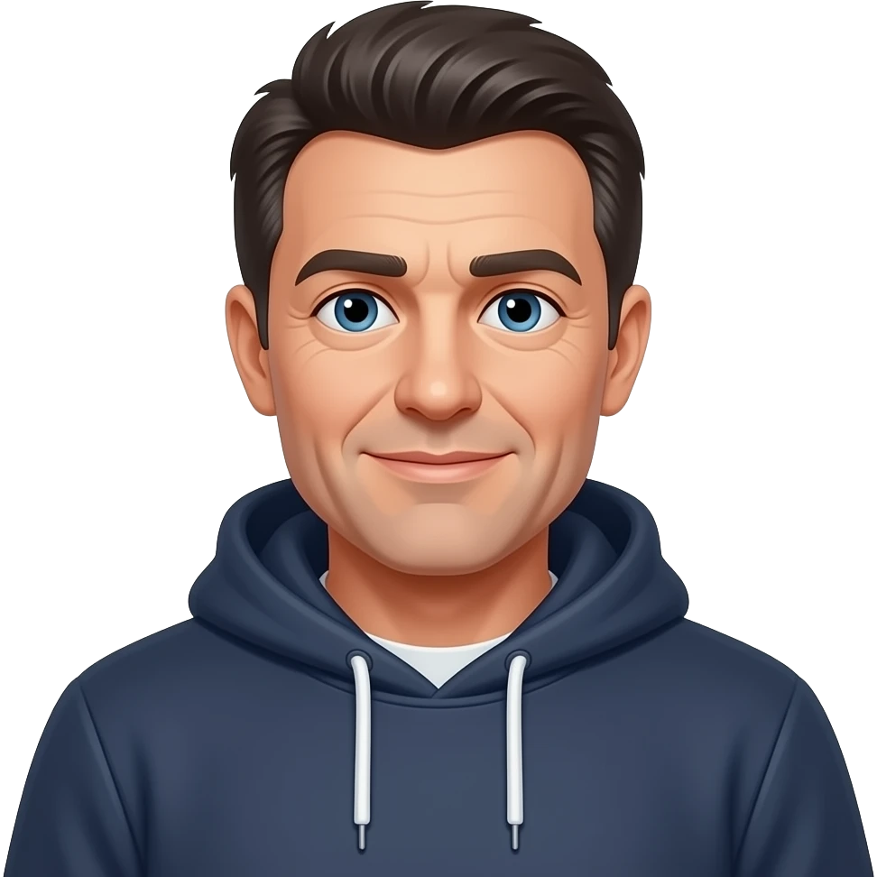 European-looking IT Businessman with dark hair, in hoodie , age ~50 emoji