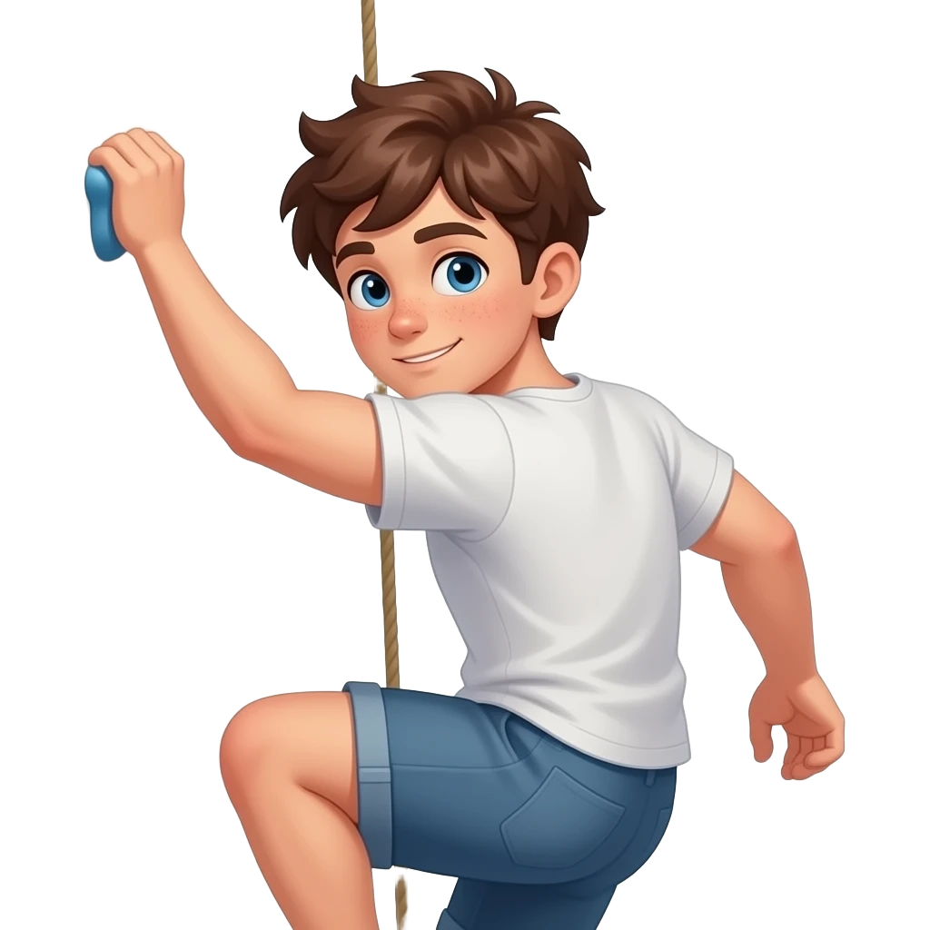 Hazme un chico con pelo rebelde castaño, ojos azules y unas pecas. Tiene que estar caminando. Y que esta un poco musculoso. Tiene que estar escalando de espaldas. Escalando una pared y con camiseta. emoji