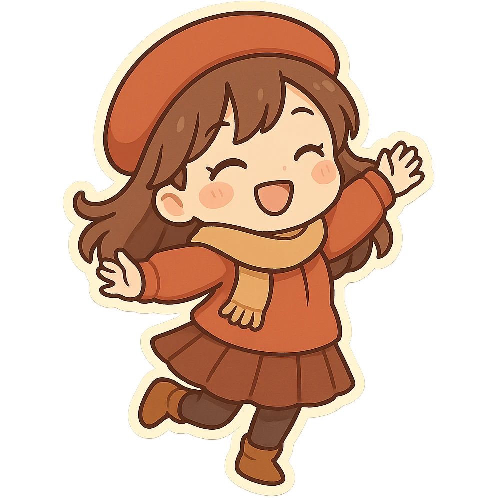 一个穿着秋季服装的女孩，开心欢快，跳舞 emoji