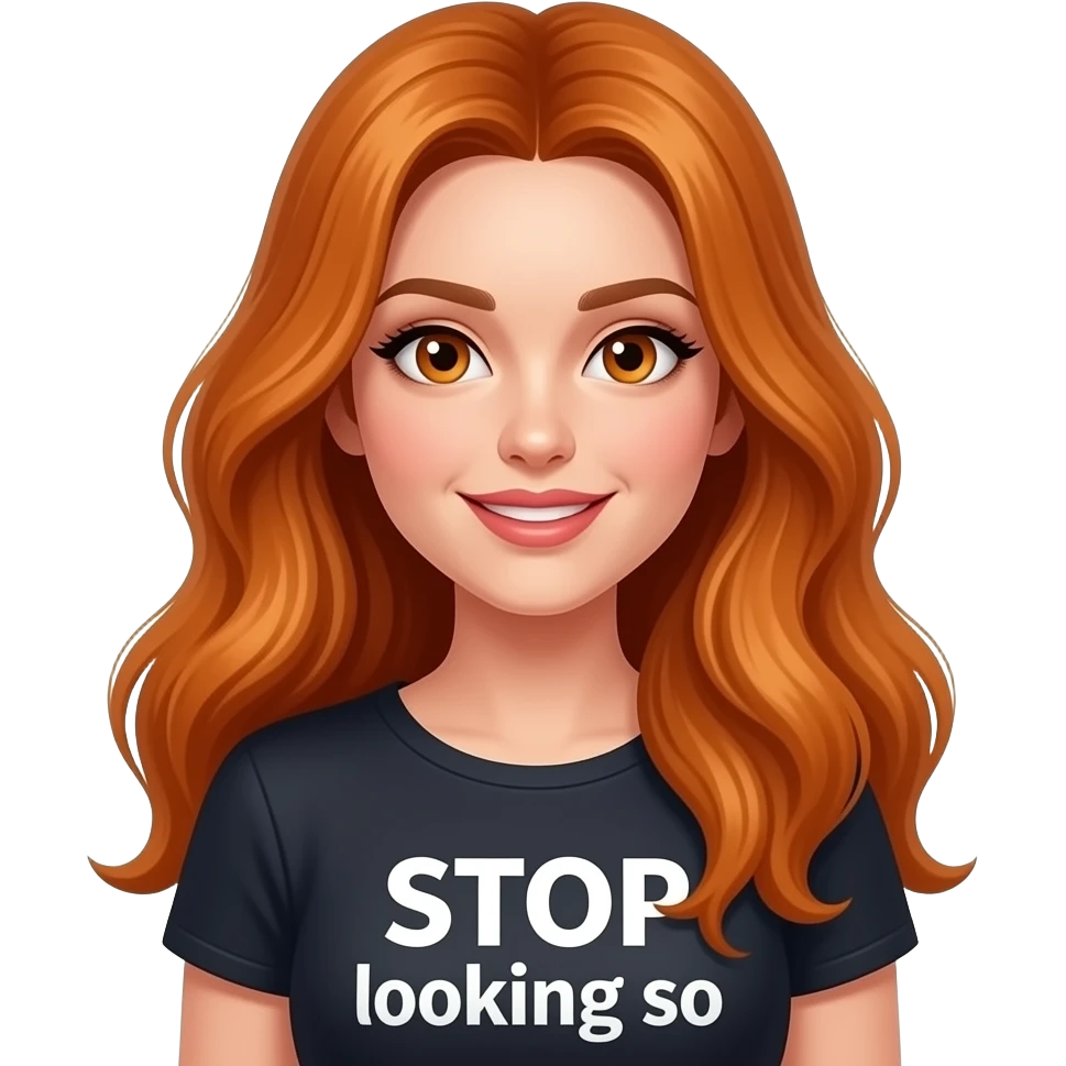 sexy girl with overlong ginger hair and ginger eyes a top with STOP looking so GOOD written on it emoji