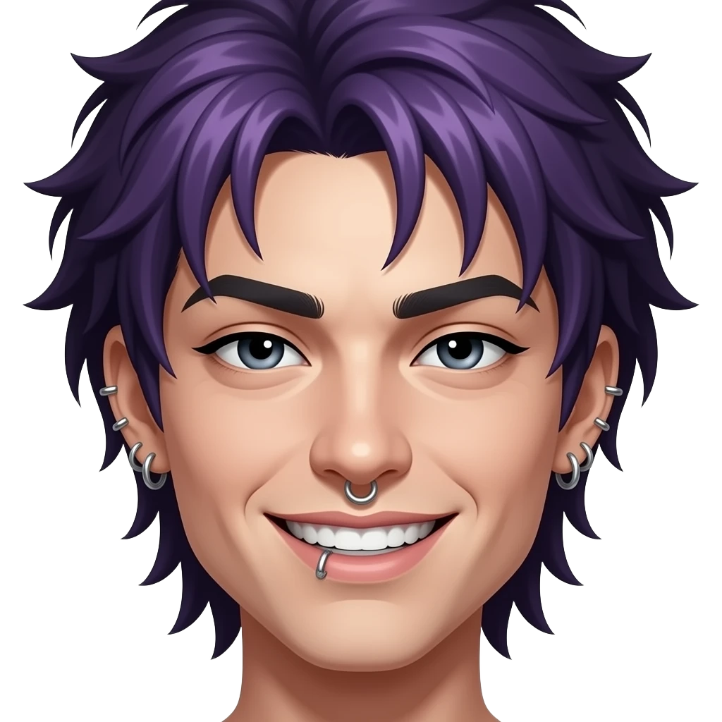Pelo corto, morado con tonos oscuros, estilo despeinado con mechones sueltos.
Joyas: piercings en la nariz y el labio, varios aretes brillantes en las orejas, incluyendo uno colgante en forma de cruz.
Facciones: ojos negros entrecerrados, cejas gruesas, sonrisa ladeada mostrando dientes, emoji