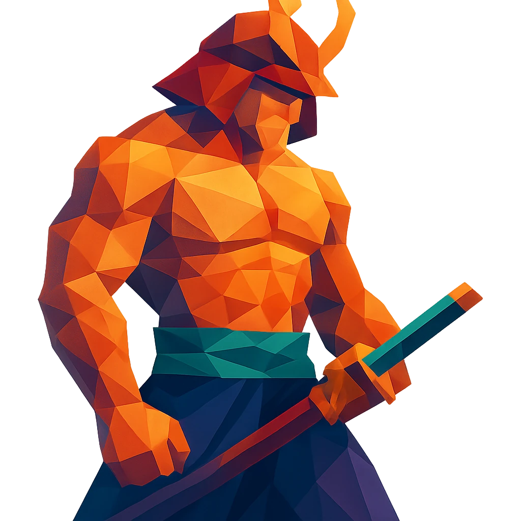 A muscular samurai with geometric shapes and vibrant colors emoji