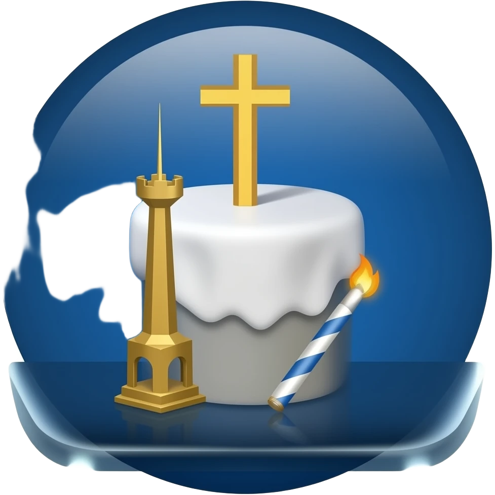 Dunkelblauer Hintergrund mit einer weissen Form in der Mitte, darauf ein goldenes Kreuz.  
Daneben eine lange goldene Säule wie ein dünner Turm.  
Ein gebogener Stab mit einer runden Spitze und ein kleines Flammensymbol.  
Alle Symbole liegen übereinander in der Mitte. emoji