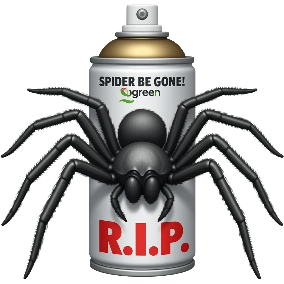 Spray paint can labeled bgreen text SPIDER BE GONE! above a spider image & bright red text R.I.P. at bottom emoji