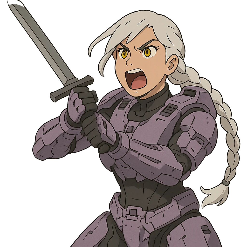 female, wearing reach spartan armor default, long white braid hair, gold yellow eyes, attention pose, HALO:series, no helmet, the armor is lavender color scheme, shoulder pad off. DDD bust size fitting. Punk gothic cyberpunk, brandishing a sword, preparing to swing and yelling emoji