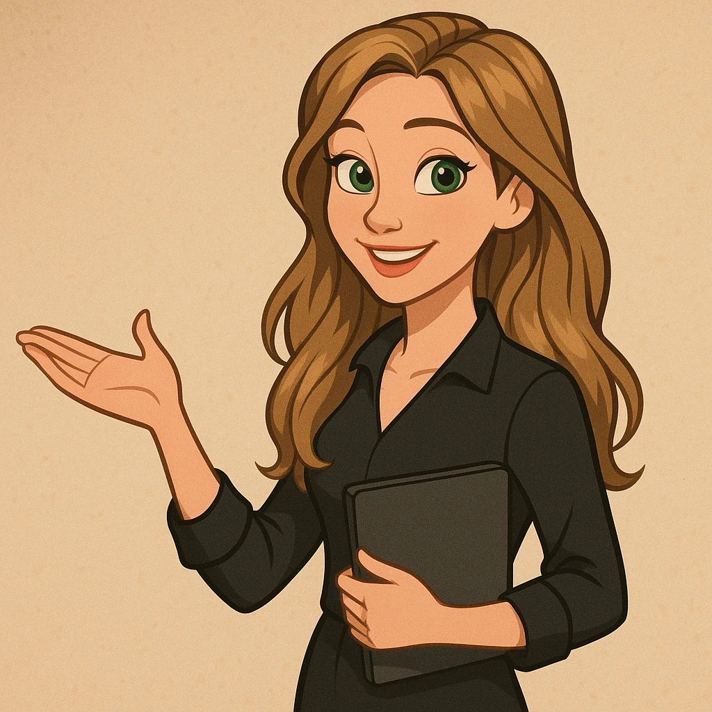Cartoon Disney style smiling European woman, dark blonde beachy long hair, green eyes, black long-sleeved blouse, business attire, no glasses or chain, teaching pose, software developer emoji