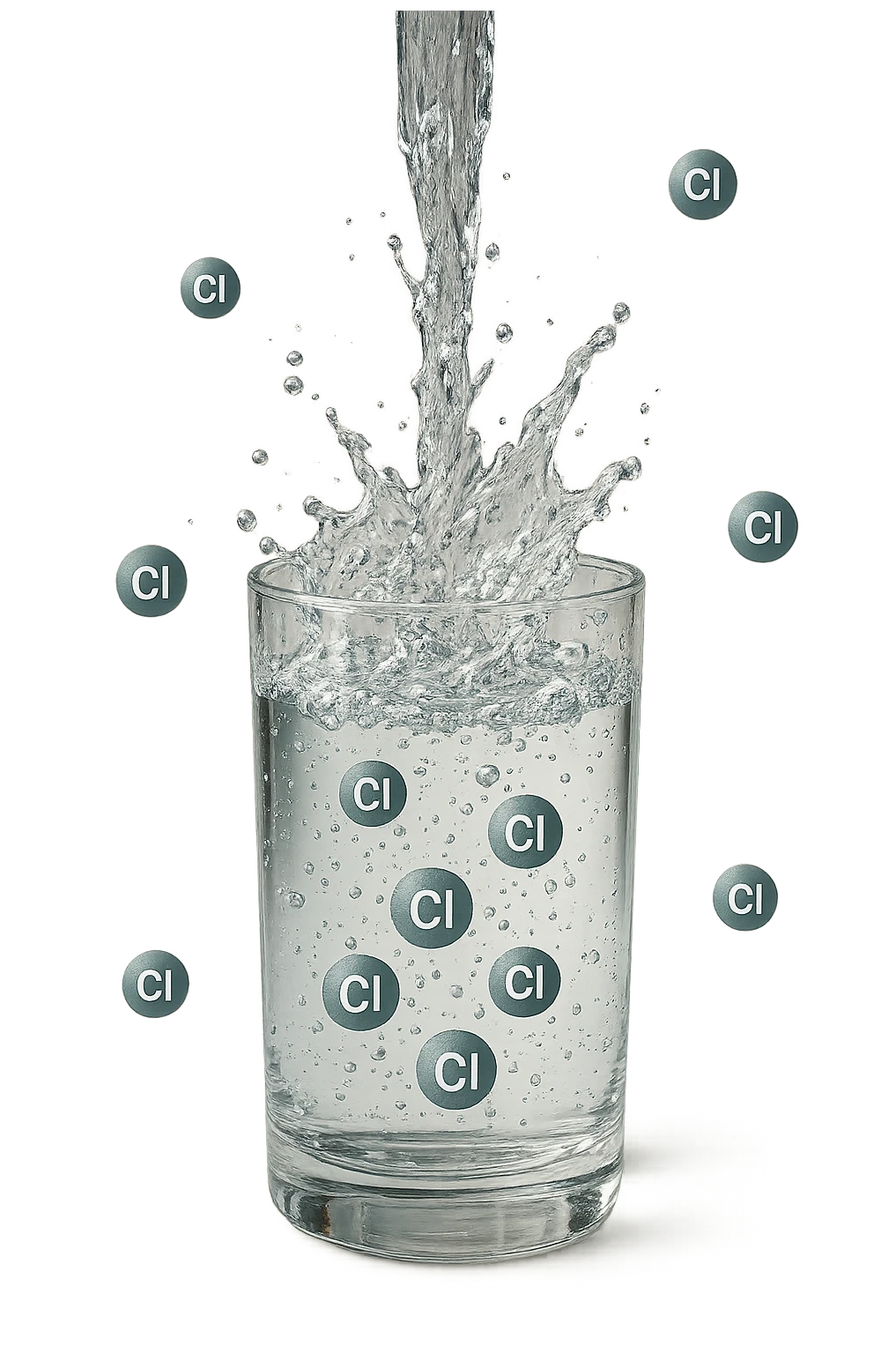 un bicchiere di acqua cade verticalmente dall'alto realistico e dettagliato, dentro l'acqua del bicchiere ci sono particelle di cloro ben visibili con la scritta "Cl" sopra, ci sono particelle anche che escono dal bicchiere e fluttuano in aria verticalmente, mentre alcune sono all'interno dell'acqua nel bicchiere, iperrealistico 4k emoji