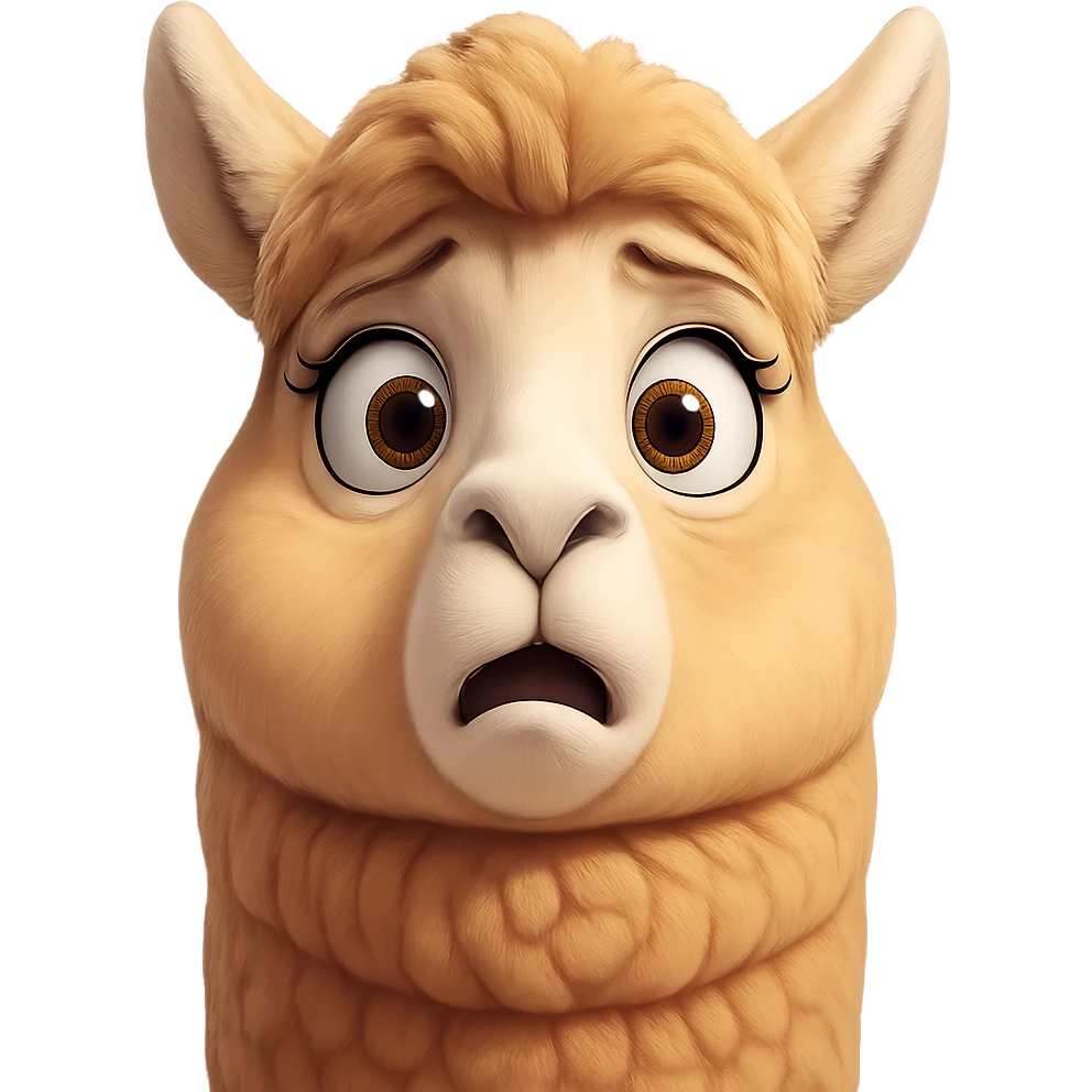 Make the alpaca look surprised, keep the original style, no background (transparent) emoji