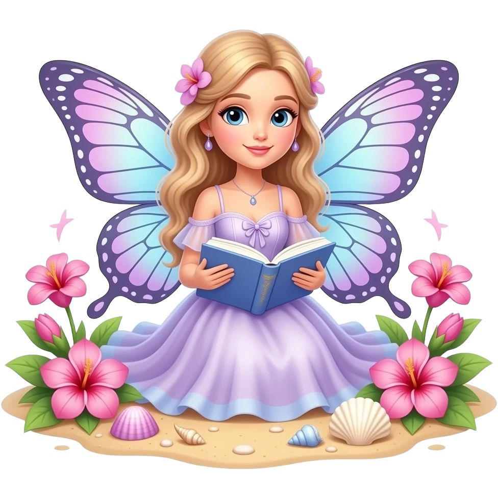 Beautiful fairy with butterfly wings reading a book on the beach, surrounded by pink tropical flowers, seashells, and soft pastel fantasy details Beautiful fairy with butterfly wings reading a book on the beach, surrounded by pink tropical flowers, seashells, and soft pastel fantasy details emoji