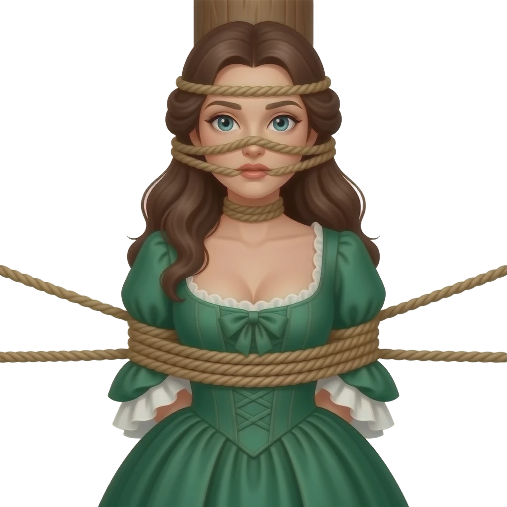 Brunette woman in emerald green 1770s gown with long flowing hair, ample bosom, gagged and bound to tall post, with lower rope tied just beneath bosom and another upper rope tied around her head at mouth level. Upper rope around mouth level only! No chainsin image! No cloth facemask in image! emoji