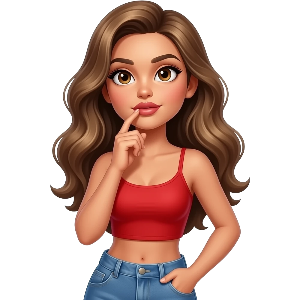 Fingers on lips and thinking looking up woman with tan glowy skin, hazel eyes almond with long lashes,, full lips, dark blonde flowing hair, delicate feminine sexy features, wearing a red crop top and blue low waist jeans, confident and femenine and glam makeup. Intense seductive look. REALISTIC emoji