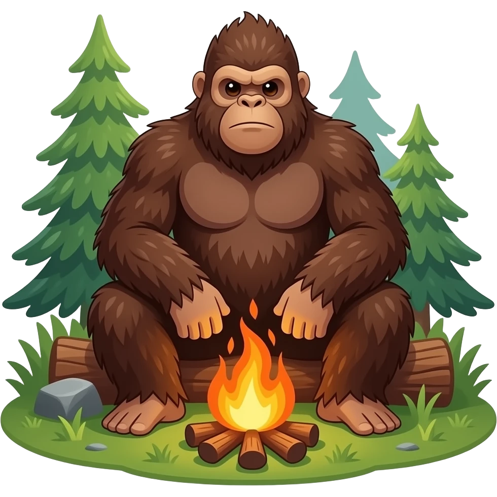 Bigfoot sitting  around campfire in woods emoji