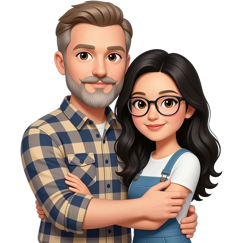 A slim white man with thinning light brown hair, hazel eyes, moustache and very long graying beard, wearing a plaid flannel long sleeve shirt, embracing a chinese woman with long black wavy hair, brown eyes  and glasses emoji