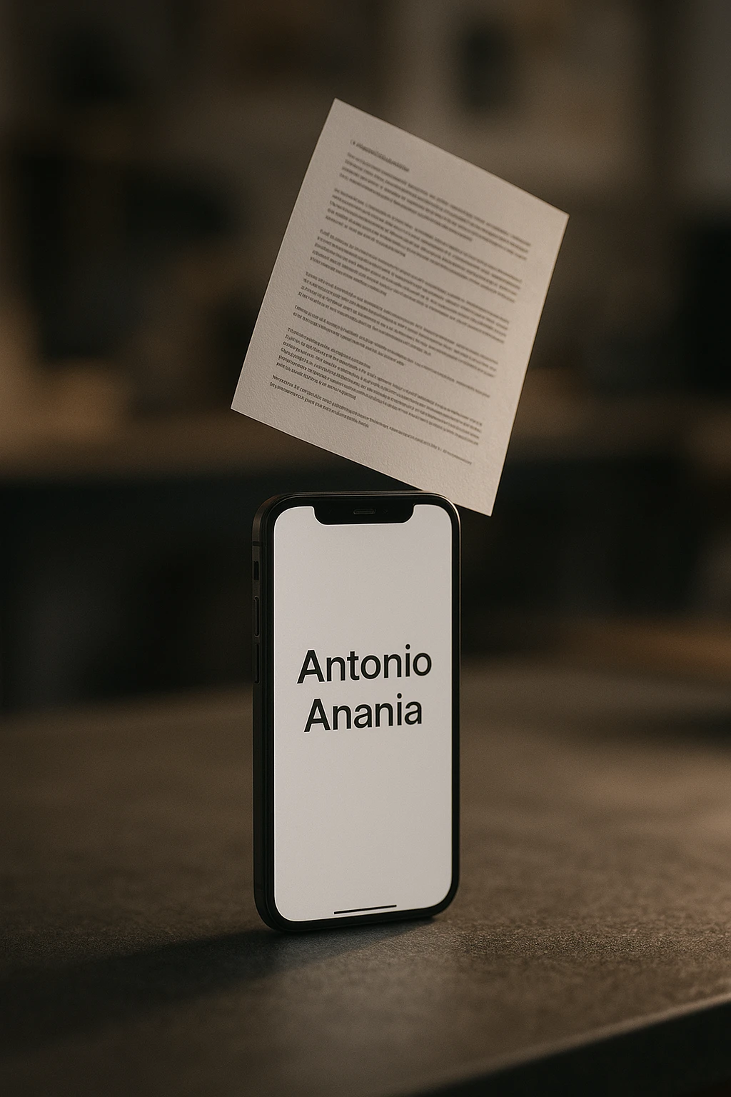 A photo of an iPhone with the message "Antonio Anania" on its screen, hovering over it is another document floating in mid-air, both surrounded by soft light and shadow. The phone sits atop a desk with a blurred background that suggests work environment. A faint glow from above casts gentle shadows across the surface of each object, creating depth and highlighting their textures. emoji