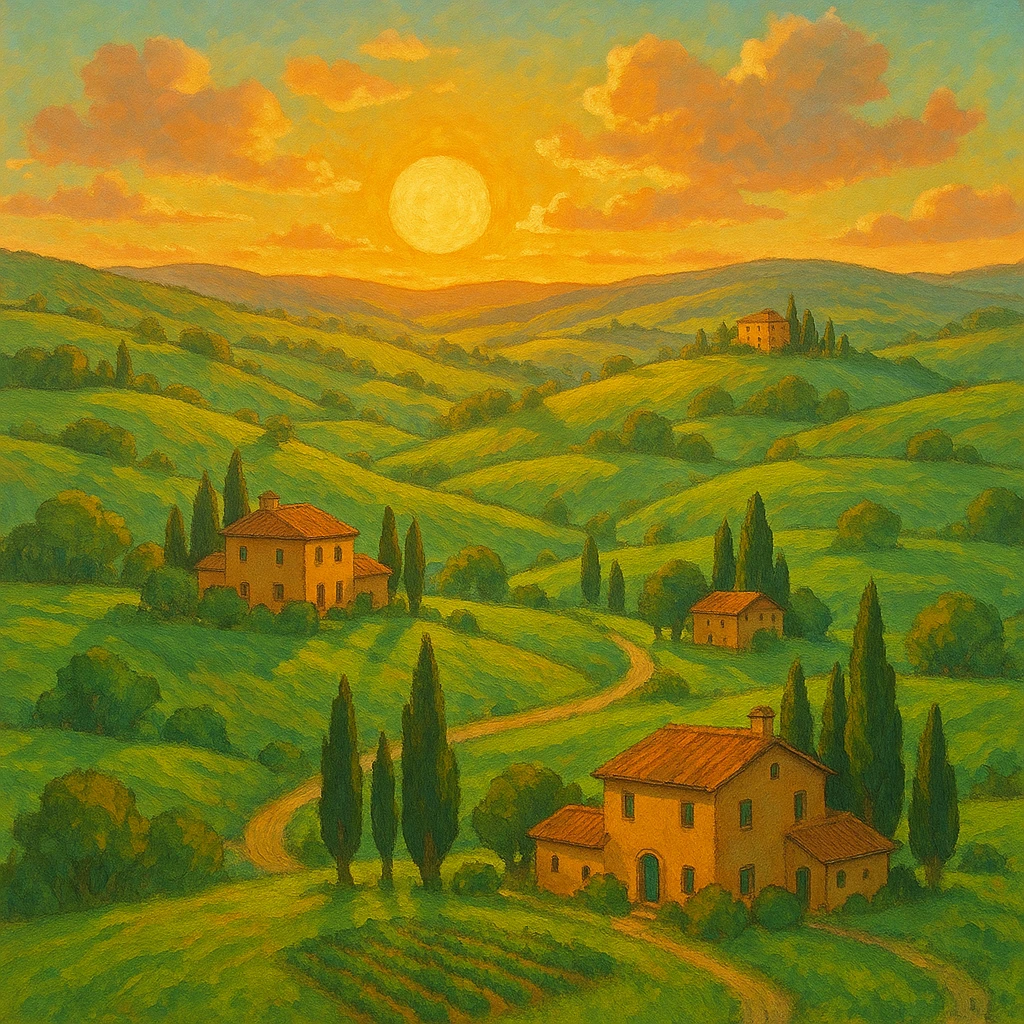 Tuscany landscape at golden hour, sun low on horizon, lush green hills, rustic villas, vibrant colors, ghibli-inspired style emoji