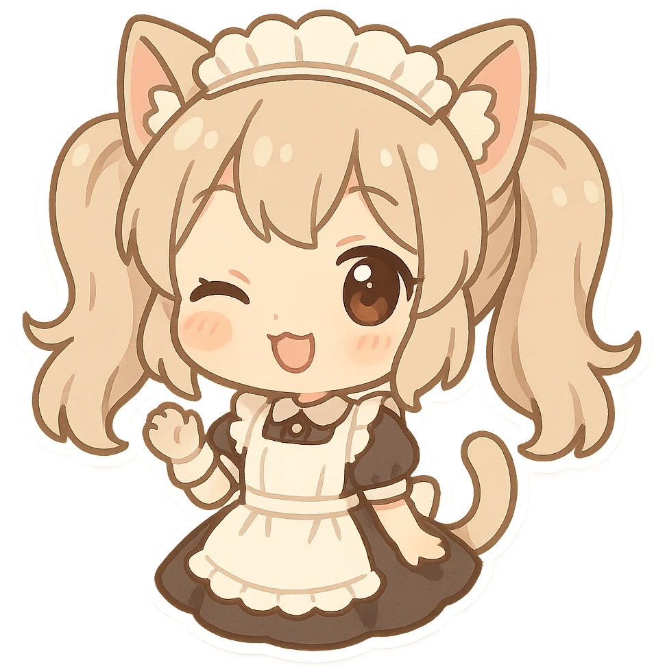 cute cat girl with twin tails, wearing a maid outfit, winking emoji