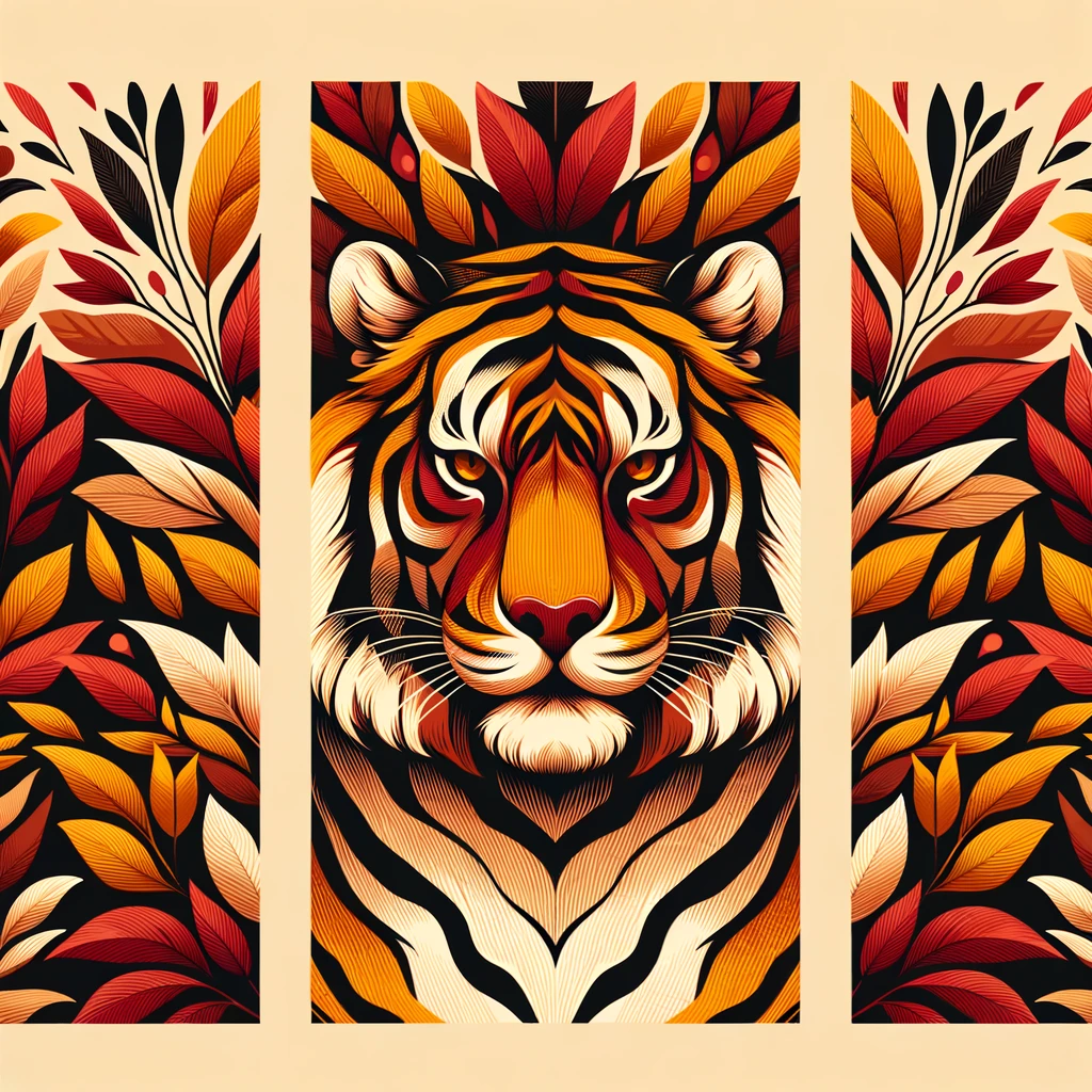 design background, tiger stripes pattern in warm autumn palette (burnt orange, golden yellow, deep red, brown), bold seamless print, modern fashion style, isolated graphic, transparent background emoji