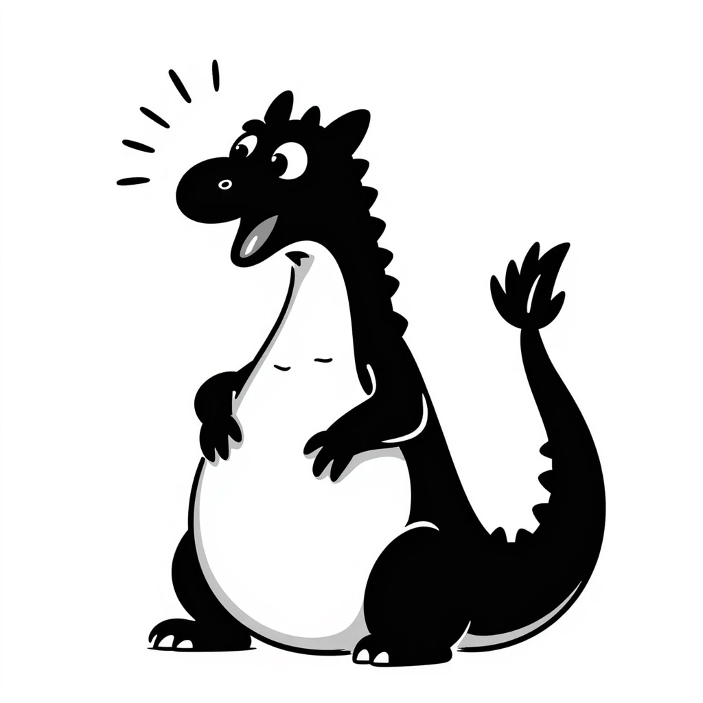 A hand-drawn fat komodo dragon with a huge round belly, hiccupping with motion lines around it emoji