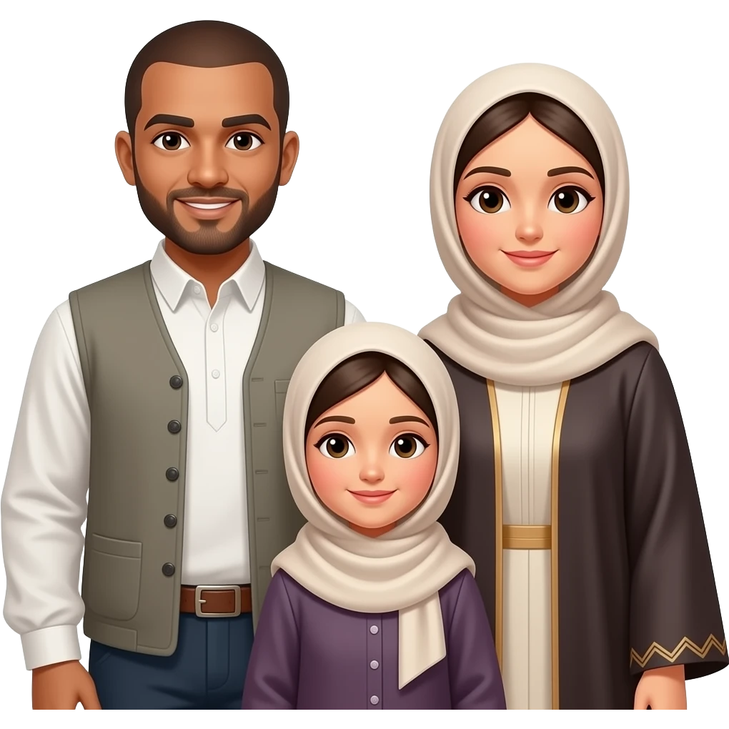 family the dad with short bald hair and  wearing a turbu and a tuhob and me is a girl with a hijab and my mom have a abayah emoji