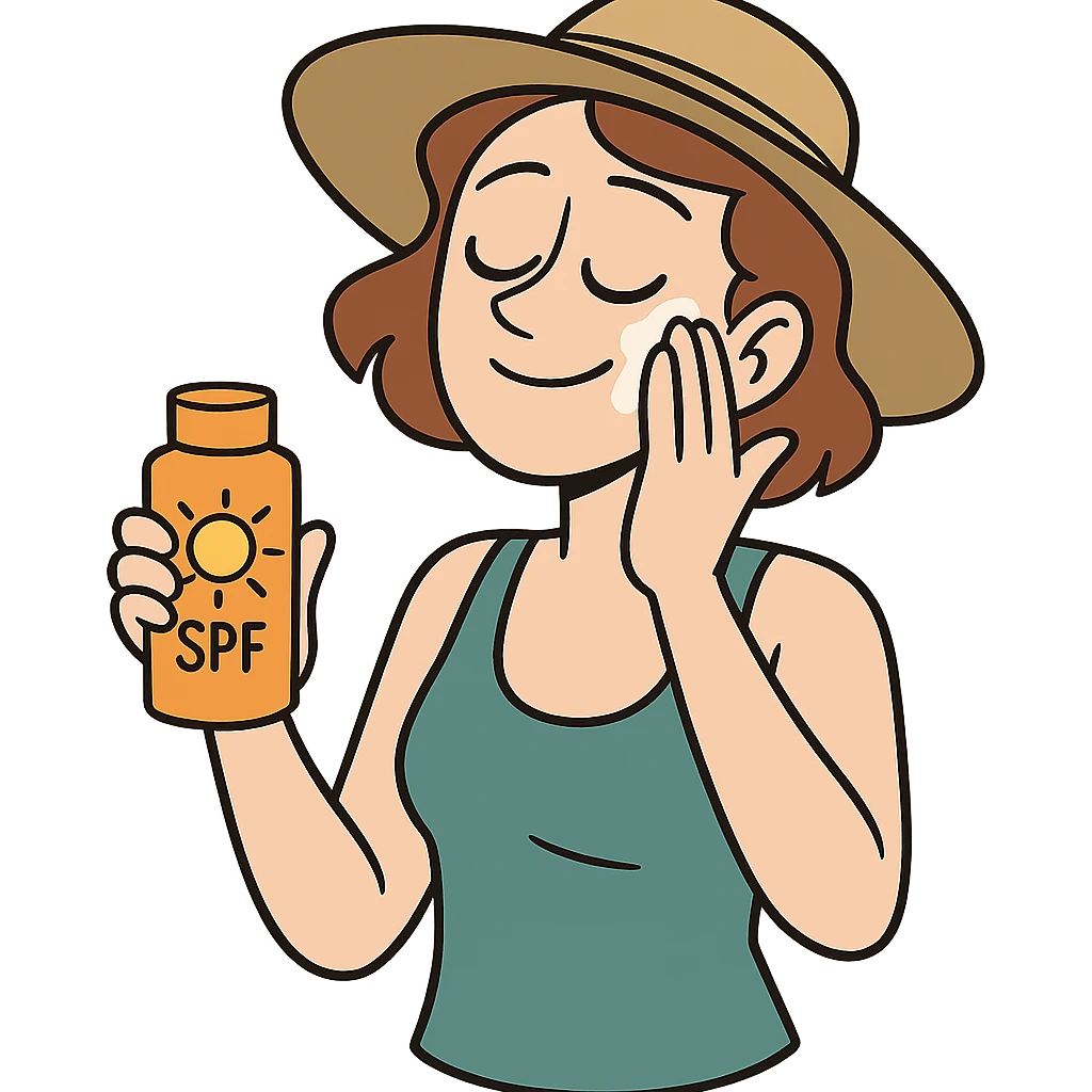 illustration of a woman gently rubbing sunscreen on her face with one hand, holding a sunscreen container in the other, casual summer look, no background emoji